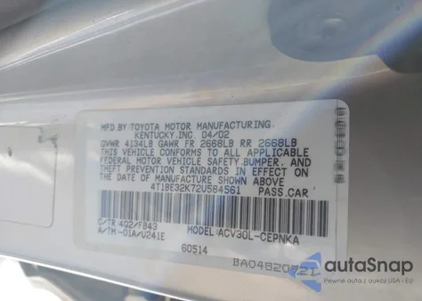 2002 Toyota Camry Le from USA, damaged, VIN 4T1BE32K72U584561